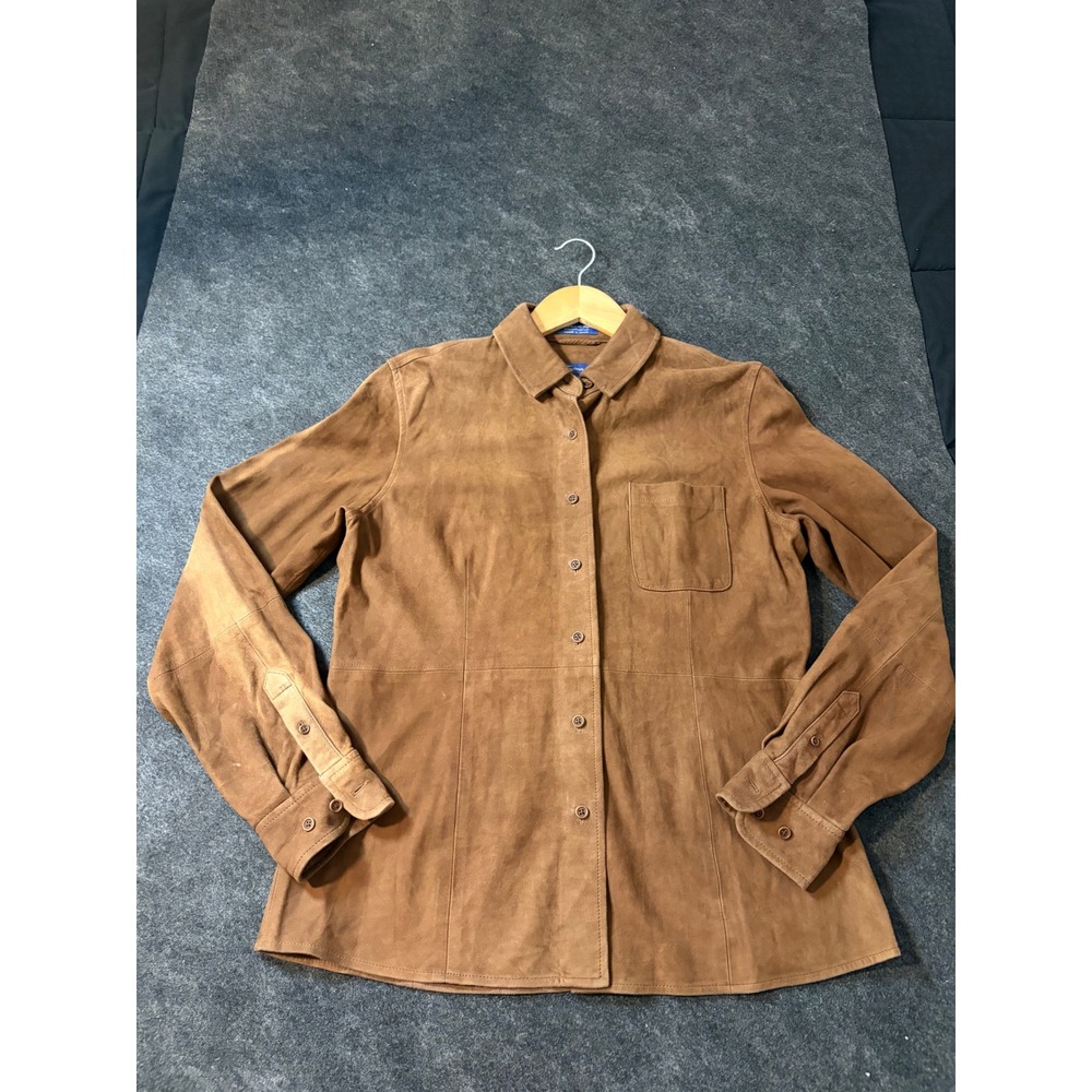 Womens Brown Suede Leather Button Front Shirt Jacket Long Sleeve Size M